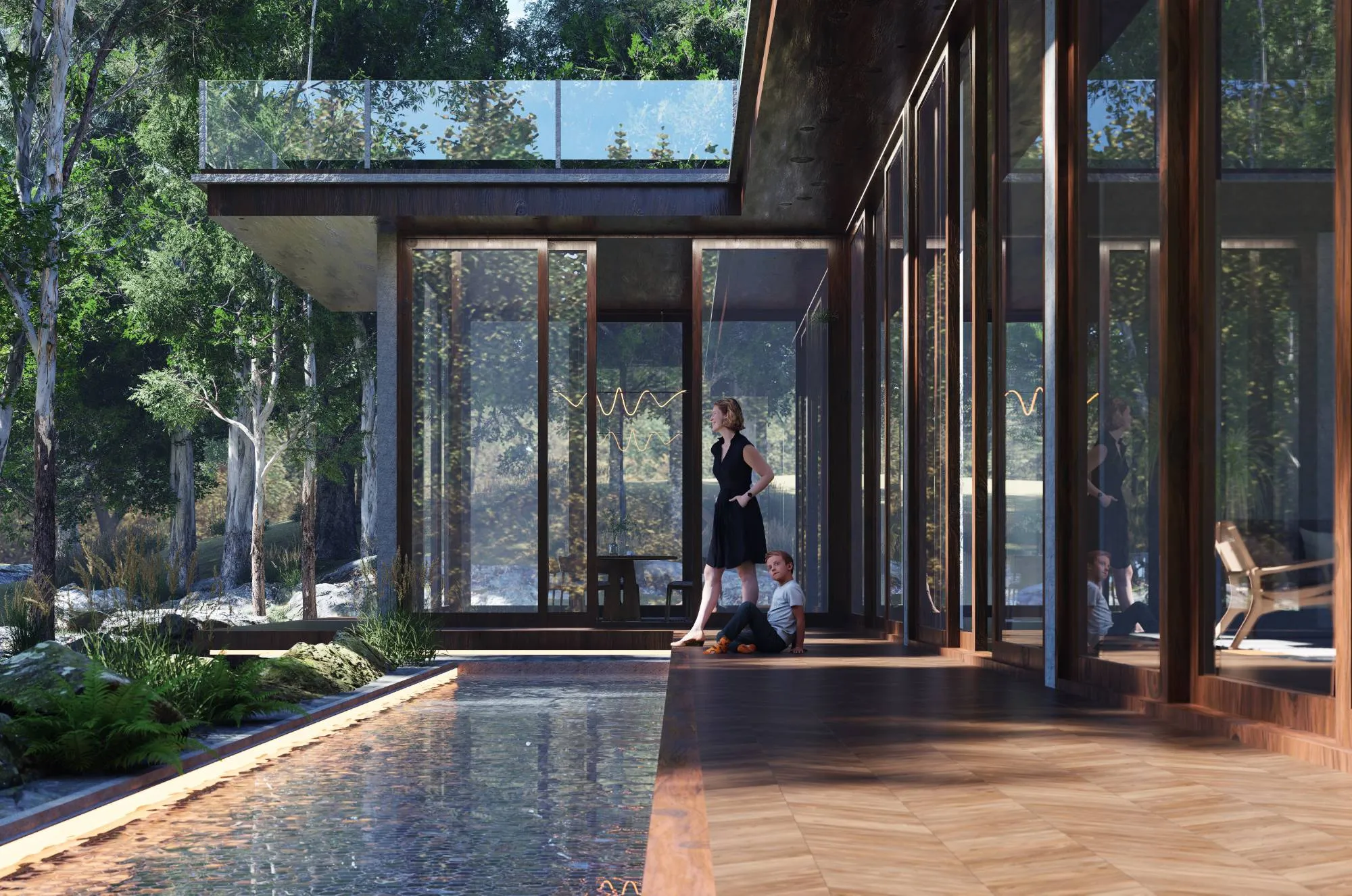A glass-walled timber house in a eucalyptus forest, with a long reflecting pool beside a herringbone deck and a glass-railed roof terrace above; a woman and a boy look out over the water.